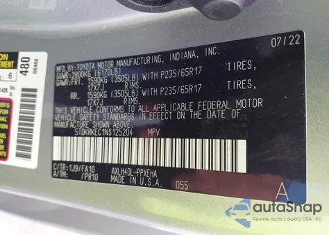 2022 Toyota Sienna Le z USA, uszkodzony, nr VIN 5TDKRKEC1NS125204